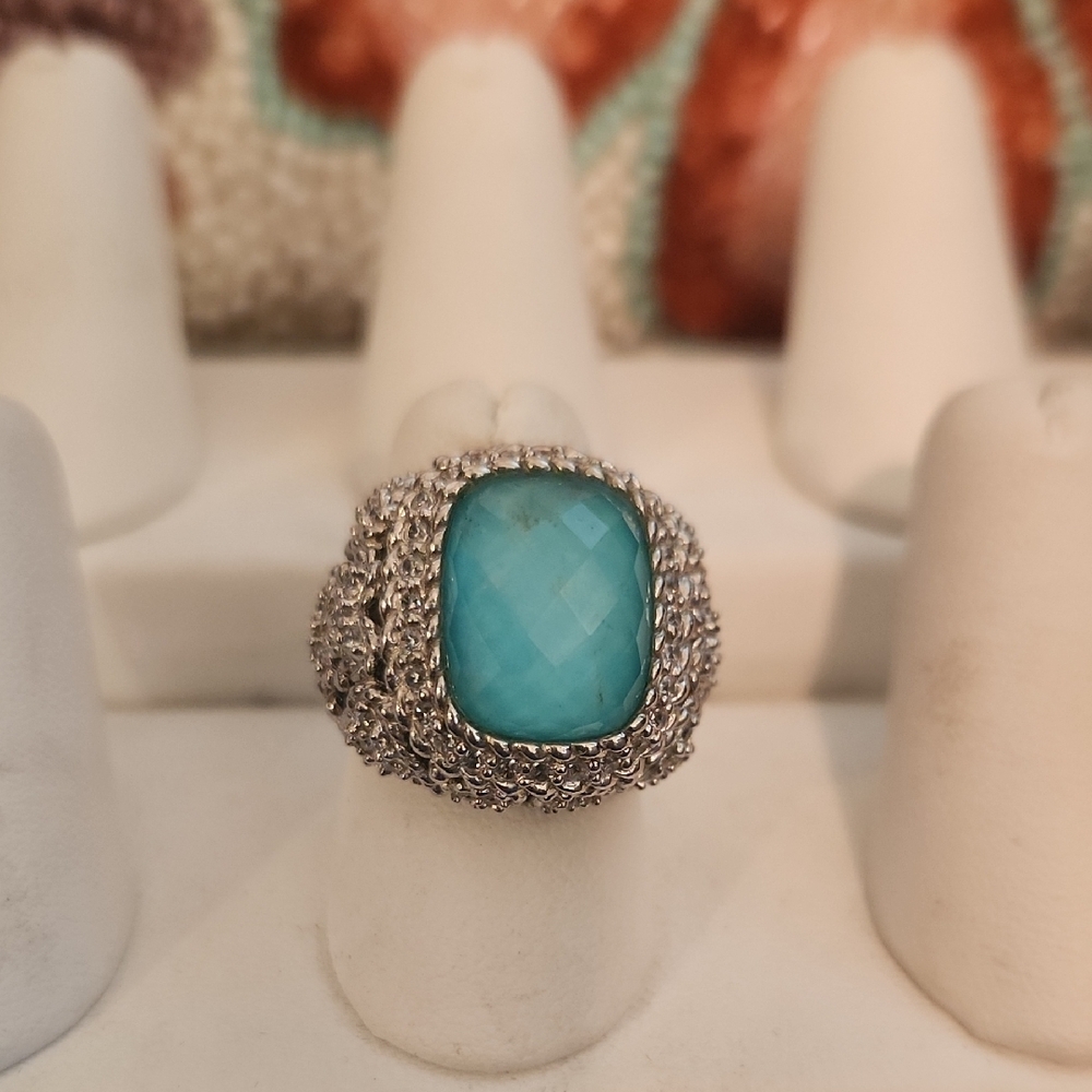 Stunning Judith Ripka Sterling Silver Turqouise Doublet Crysal Quartz Ring 7